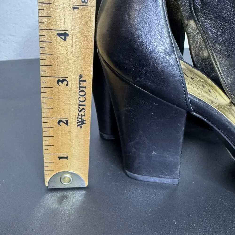 Coach Black Leather Peep-Toe Heels, Ankle Tie, 3.5
